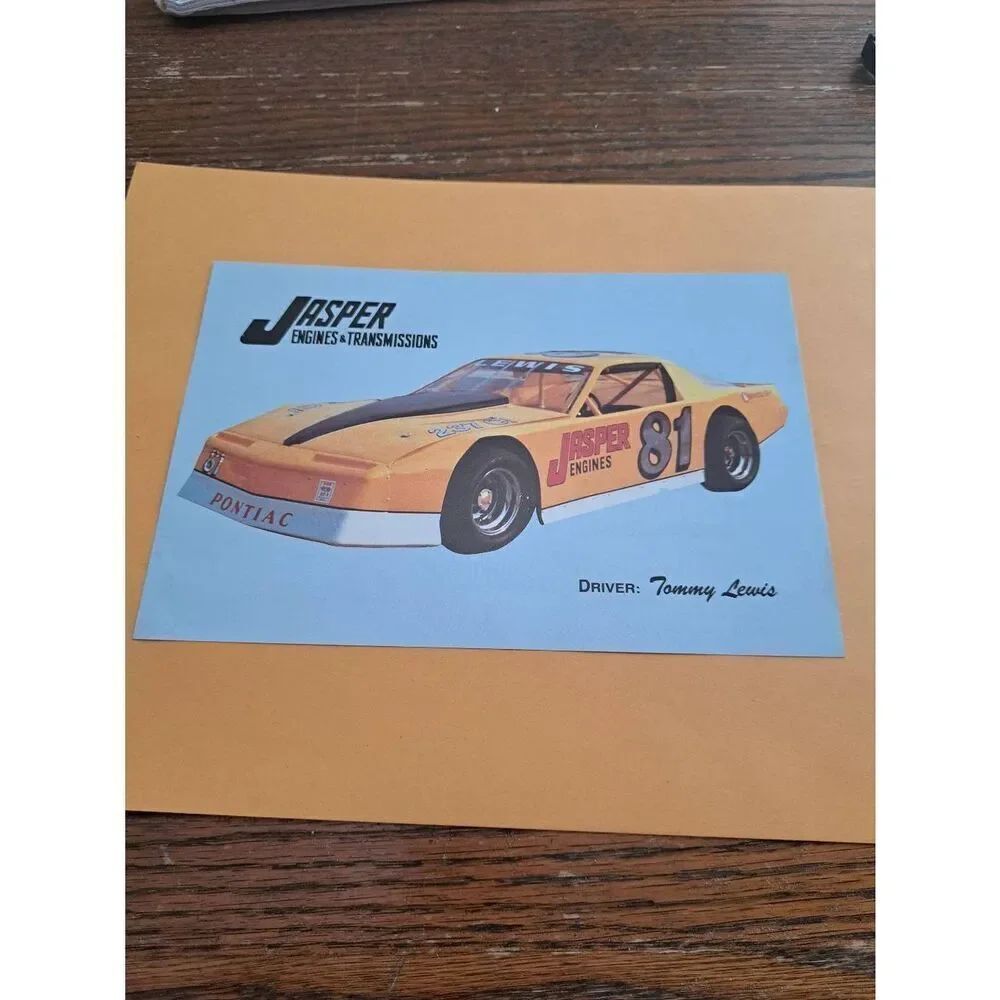 VINTAGE TOMMY LEWIS RACING 81 JASPER ENGINES PONTIAC NASCAR DRIVER CARD 6x9 RARE